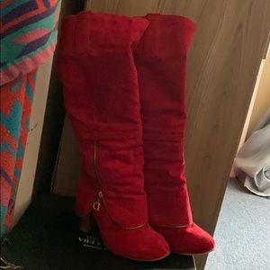 Red suede-like boots.